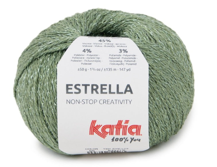 Katia fantasia di cotone e viscosa Estrella - 48% Cotone - 45% Viscosa - 4% Poliestere - 3% Poliammide - Colore 65 Kaki Verde Brillante
