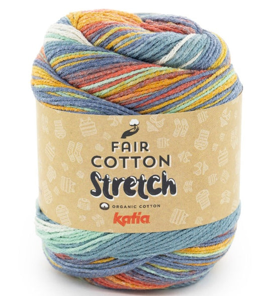 Katia Fair Cotton Stretch Filato di cotone biologico elastico - 90% Cotone Biologico - 10% Poliammide - Colore 101 Arancione Verde Blu
