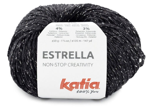 Katia fantasia di cotone e viscosa Estrella - 48% Cotone - 45% Viscosa - 4% Poliestere - 3% Poliammide - Colore 61 Nero Argento
