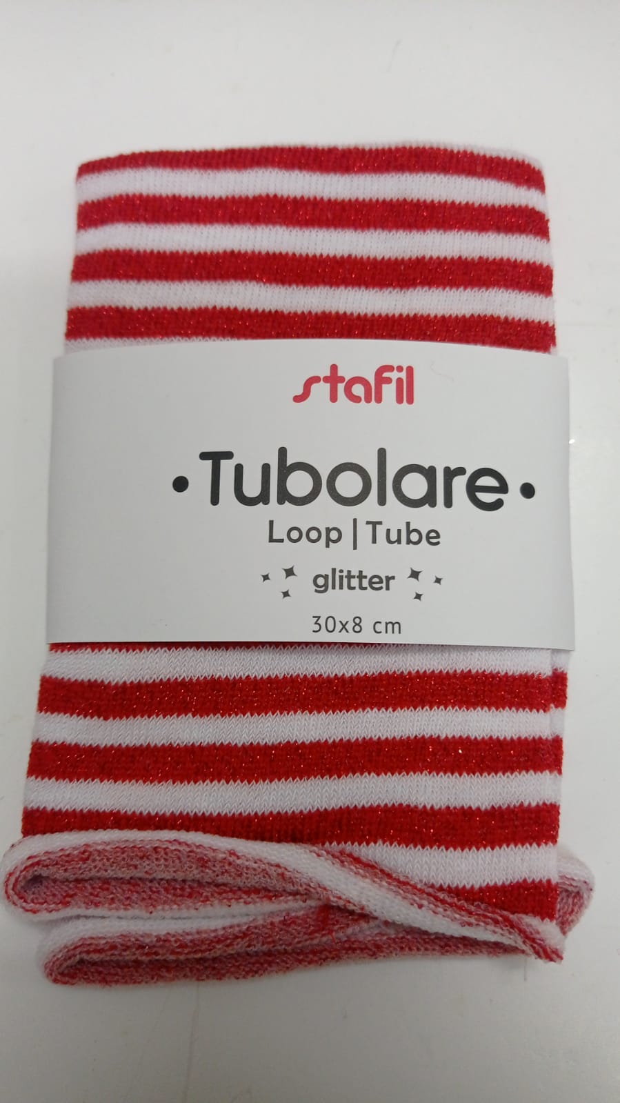 Stafil Tubolare Loop Glitter righe bianco/rosso 30 x 8 cm
