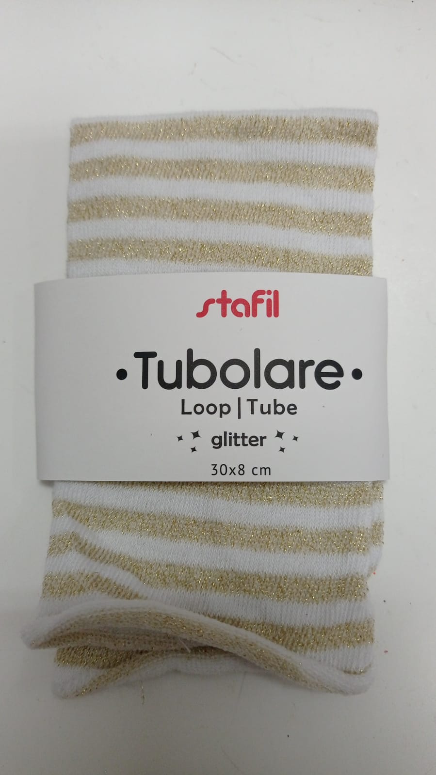 Stafil Tubolare Loop Glitter righe bianco/oro 30 x 8 cm