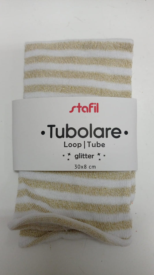 Stafil Tubolare Loop Glitter righe bianco/oro 30 x 8 cm